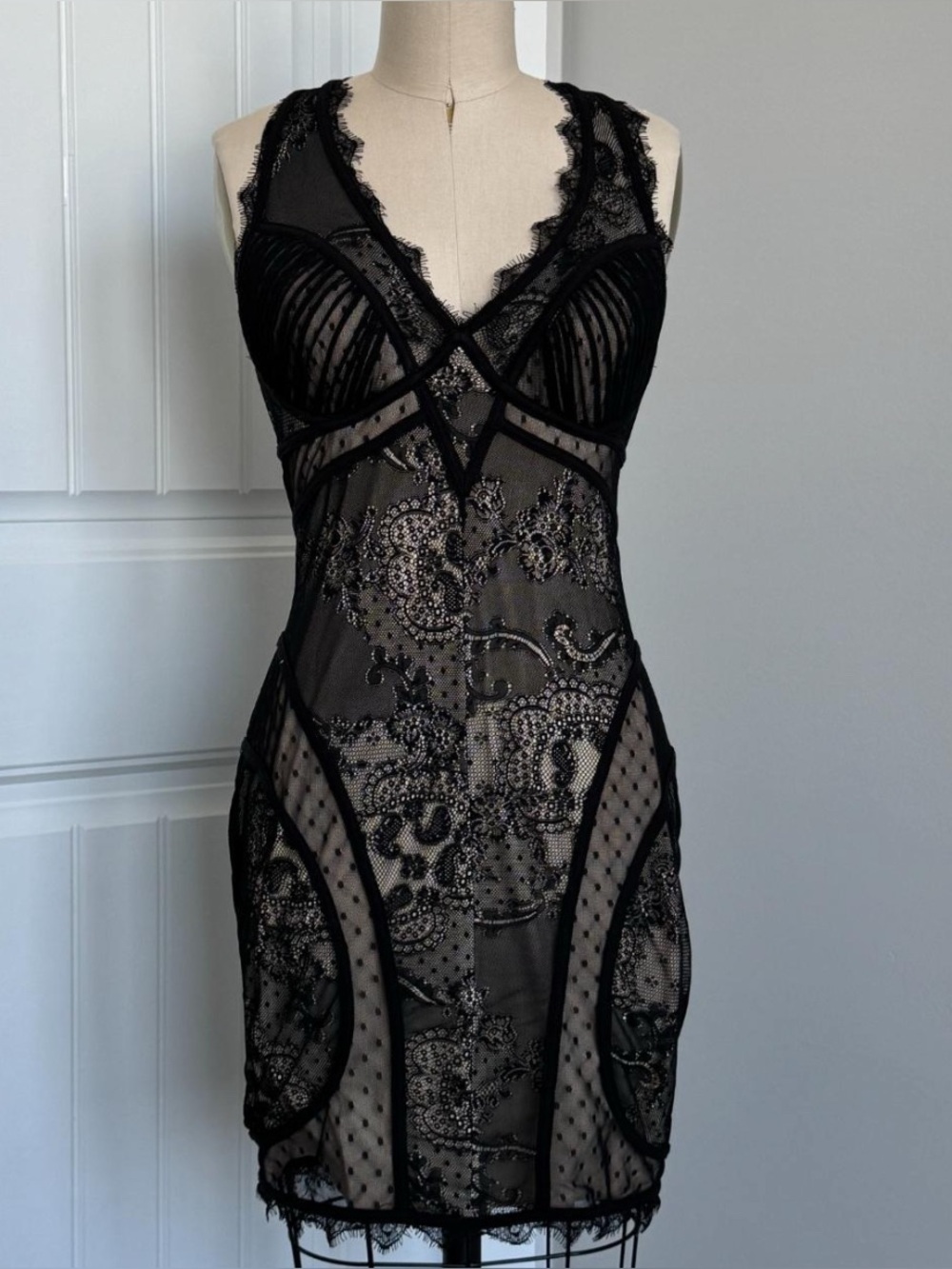 Y2K Bebe Black/tan Patch Work Lace Body Con Mini Dress Sexy Club Wear Size M